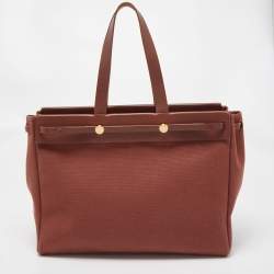 Pre Owned Hermes Maroon Vache Leather and Canvas Herbag Cabas MM Tote