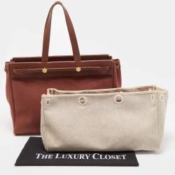 Pre Owned Hermes Maroon Vache Leather and Canvas Herbag Cabas MM Tote