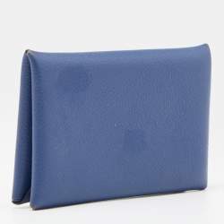 Pre Owned Hermes Deep Bleu Chevre Mysore Leather Calvi Card Holder