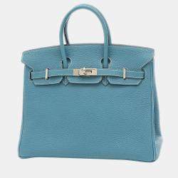 Pre Owned Hermes Birkin 25 Handbag Togo Blue Jean Silver metal fittings M stamp