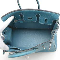 Pre Owned Hermes Birkin 25 Handbag Togo Blue Jean Silver metal fittings M stamp
