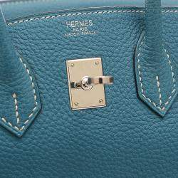Pre Owned Hermes Birkin 25 Handbag Togo Blue Jean Silver metal fittings M stamp