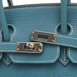 Pre Owned Hermes Birkin 25 Handbag Togo Blue Jean Silver metal fittings M stamp