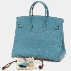 Pre Owned Hermes Birkin 25 Handbag Togo Blue Jean Silver metal fittings M stamp
