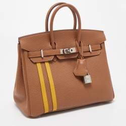Hermes Gold/Jaune Ambre Togo and Swift Leather Palladium Finish Officer Birkin 25 Bag
