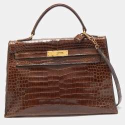 Hermes Miel Porosus Crocodile Gold Finish Kelly Sellier 32 Bag