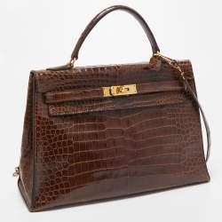Hermes Miel Porosus Crocodile Gold Finish Kelly Sellier 32 Bag