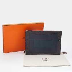 Pre Owned Hermes Paris Grey/Blue Obscurs/Ver Anglais Wool and Epsom Leather Colorblock Toodoo Pouch
