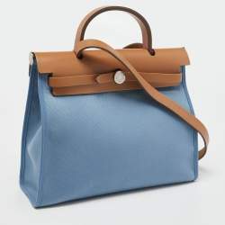 Hermes Bleu Brighton/Vache Naturel Leather and Canvas Herbag Zip 31 Bag