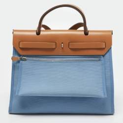 Hermes Bleu Brighton/Vache Naturel Leather and Canvas Herbag Zip 31 Bag