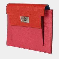 Pre Owned Hermes Kelly Pocket Compact Coin Case Vo Epsom Pink Red Blue Silver Hardware Purse Y Engraved