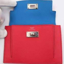Pre Owned Hermes Kelly Pocket Compact Coin Case Vo Epsom Pink Red Blue Silver Hardware Purse Y Engraved