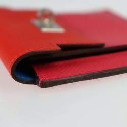 Pre Owned Hermes Kelly Pocket Compact Coin Case Vo Epsom Pink Red Blue Silver Hardware Purse Y Engraved