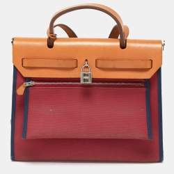 Pre Owned Hermes Ruby/Bleu de Malte/Naturel Leather and Canvas Herbag Zip 31 Bag