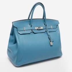 Pre Owned Hermes Bleu Jean Togo Leather Palladium Finish Birkin 40 Bag