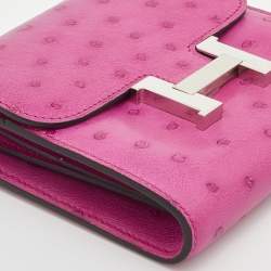 Pre Owned Hermes Rose Pourpre Ostrich Constance Compact Wallet