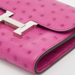 Pre Owned Hermes Rose Pourpre Ostrich Constance Compact Wallet