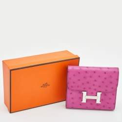 Pre Owned Hermes Rose Pourpre Ostrich Constance Compact Wallet