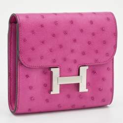 Pre Owned Hermes Rose Pourpre Ostrich Constance Compact Wallet