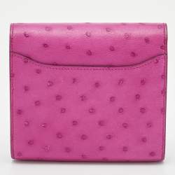 Pre Owned Hermes Rose Pourpre Ostrich Constance Compact Wallet