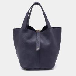 Pre Owned Hermes Bleu Ocean Taurillon Clemence Leather Picotin Lock 22 Bag