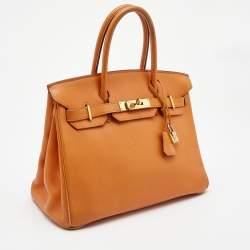 Pre Owned Hermes Orange Veau Gulliver Leather Gold Finish Birkin 30 Bag