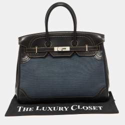 Hermes Black Denim Fonce Toile/Evercalf Leather Palladium Finish Birkin 35 Ghillies Bag