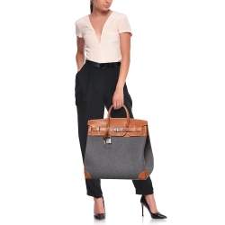 Pre Owned Hermes Gris Moyen/Fauve Wool and Barenia Leather Palladium Finish HAC Birkin 40 Bag