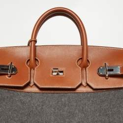 Pre Owned Hermes Gris Moyen/Fauve Wool and Barenia Leather Palladium Finish HAC Birkin 40 Bag