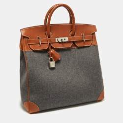 Pre Owned Hermes Gris Moyen/Fauve Wool and Barenia Leather Palladium Finish HAC Birkin 40 Bag