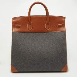 Pre Owned Hermes Gris Moyen/Fauve Wool and Barenia Leather Palladium Finish HAC Birkin 40 Bag