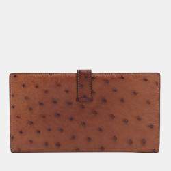 Pre Owned Hermes Bearn Ostrich Wallet Brown Silver Metal fittings