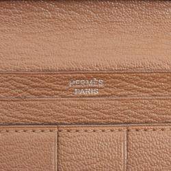Pre Owned Hermes Bearn Ostrich Wallet Brown Silver Metal fittings