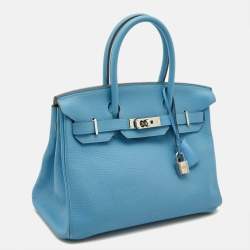Hermes Celeste Taurillion Clemence Leather Palladium Finish Birkin 30 Bag