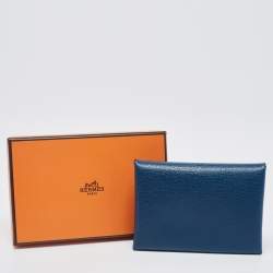 Pre Owned Hermes Deep Blue Chevre Leather Calvi Duo Card Holder