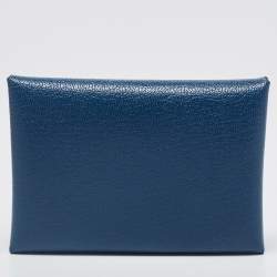 Pre Owned Hermes Deep Blue Chevre Leather Calvi Duo Card Holder