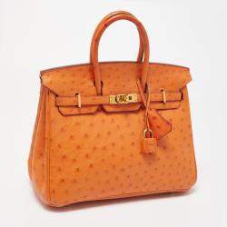 Pre Owned Hermes Orange Ostrich Gold Finish Birkin 25 Bag