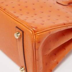 Pre Owned Hermes Orange Ostrich Gold Finish Birkin 25 Bag