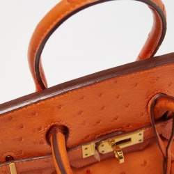 Pre Owned Hermes Orange Ostrich Gold Finish Birkin 25 Bag