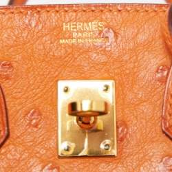 Pre Owned Hermes Orange Ostrich Gold Finish Birkin 25 Bag