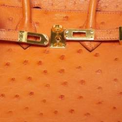 Pre Owned Hermes Orange Ostrich Gold Finish Birkin 25 Bag