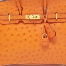 Pre Owned Hermes Orange Ostrich Gold Finish Birkin 25 Bag