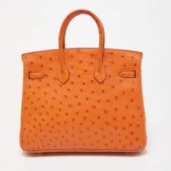Pre Owned Hermes Orange Ostrich Gold Finish Birkin 25 Bag
