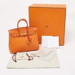 Pre Owned Hermes Orange Ostrich Gold Finish Birkin 25 Bag