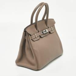 Hermes Etoupe Taurillion Clemence Leather Palladium Finish Birkin 30 Bag