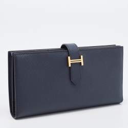 Hermes Bleu Indigo Epsom Leather Gold Finish Bearn Wallet