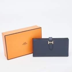 Hermes Bleu Indigo Epsom Leather Gold Finish Bearn Wallet