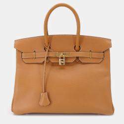 Pre Owned HERMES Birkin 35 Hand Bag Ardennes Natural F Stamp Gold Hardware