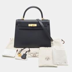 Hermes Bleu Obscure/Rouge H Sombrero Leather Brushed Gold Finish Kelly Sellier 28 Bag