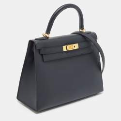 Hermes Bleu Obscure/Rouge H Sombrero Leather Brushed Gold Finish Kelly Sellier 28 Bag